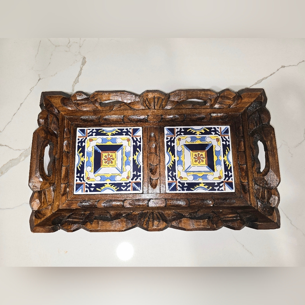 Vintage Mexican Yellow Blue Ceramic Tiles Ornate Hand Carved Solid Wood Tray